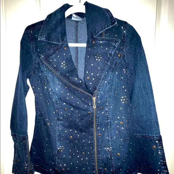 DG2 DIANE GILMAN EMBELLISHED DENIM BLUE ZIP MOTTO JACKET WITH ZIP FLARE SLEEVES - Picture 7 of 16